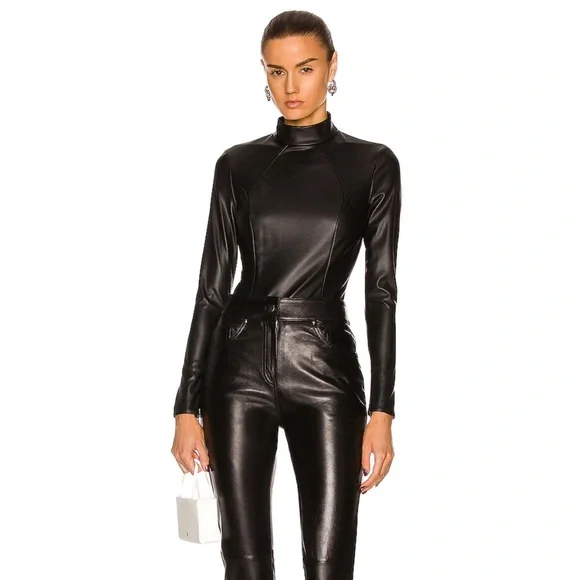 WOLFORD X AMINA MUADDI FAUX LEATHER BODYSUIT, SZ IT/40 FR/36